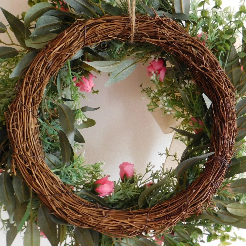 Dusty Miller Rosebud Spring Summer Wreath for Front Door Eucalyptus Pink Roses‎